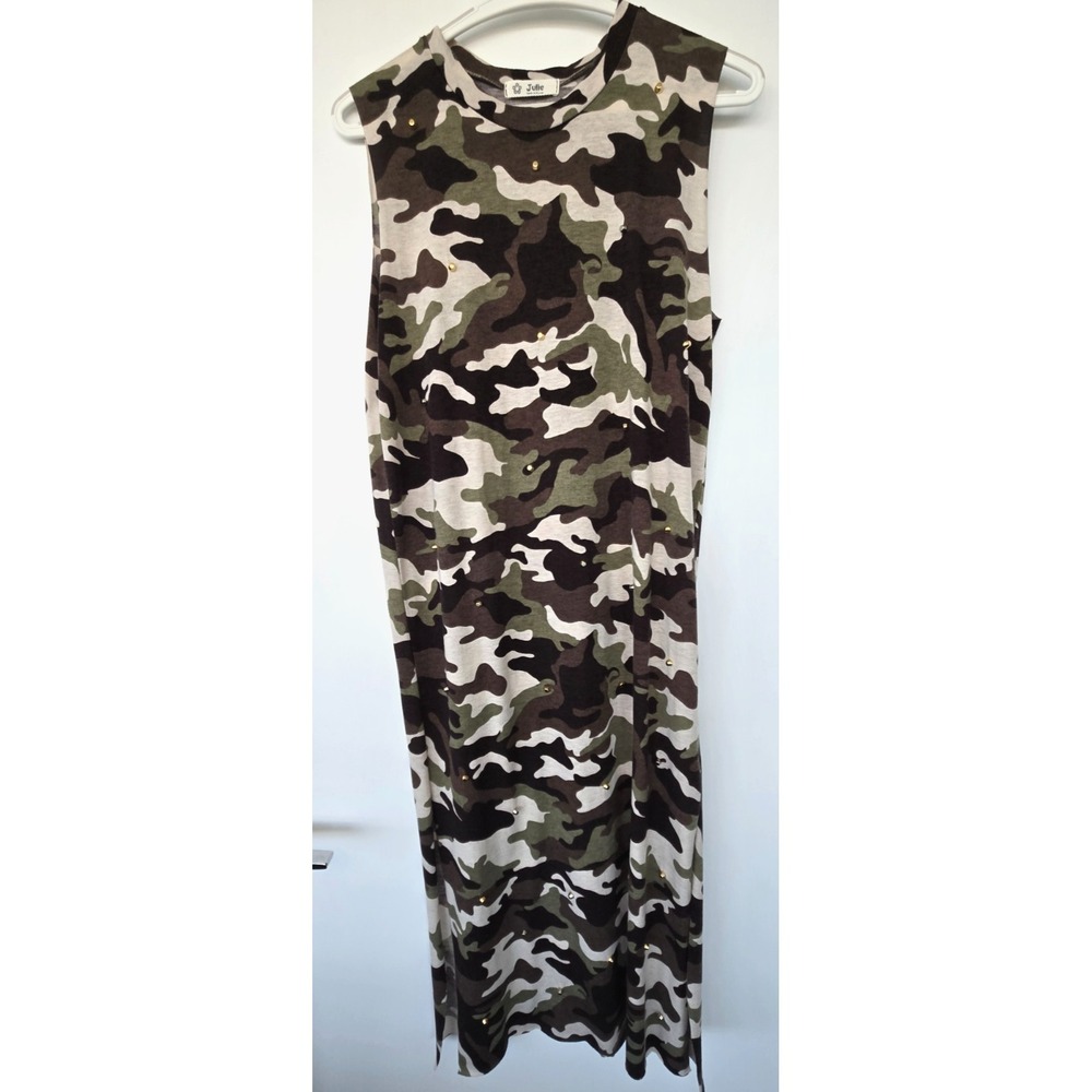 Julie Maxi dress Camo Turtle neck Tunic Studded Sleeveless Women Size L Y2K